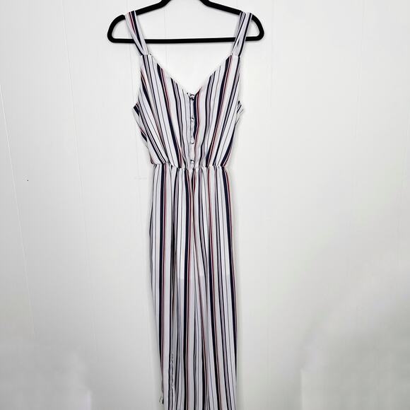 Sienna Sky Striped Button Front Jumpsuit Tie Back White Blue Red M Tie Waist - Picture 1 of 11